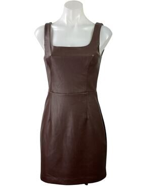 Aqua Brown Faux Vegan Leather Sleeveless Square Neck Zipper Mini Sheath Dress XS